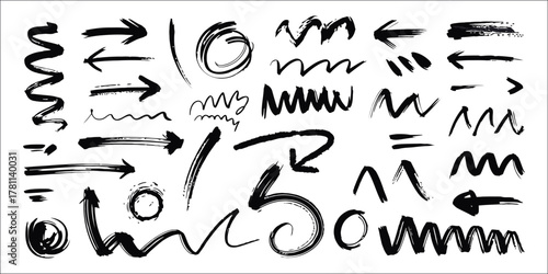 Crayon Scribble and Doodle Set – Hand-Drawn Arrows, Underlines, Curved Lines, and Charcoal Ovals for Sketch, Infographic, Journal, or Creative Design