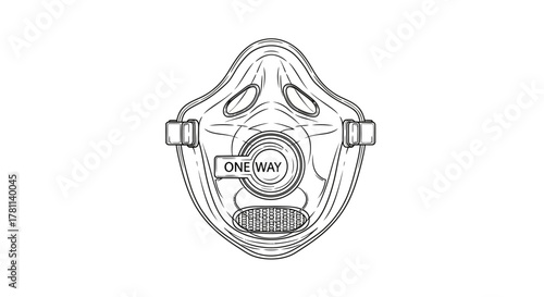 Detailed line drawing of a respirator mask, showing the front view and "one way" indicator.
