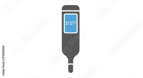 A digital thermometer displaying a normal body temperature reading against a white backdrop.
