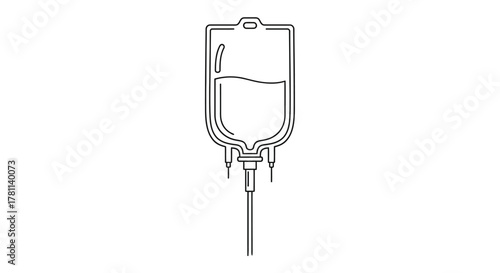 An illustration of an IV drip bag with fluid inside, hanging from a loop, in a minimalist line art style.