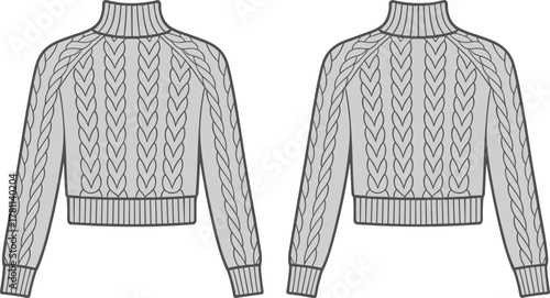 Cable knit sweater, front and back view, ribbed turtleneck, cuffs and hem, winter fashion, garment sketch, cozy apparel design