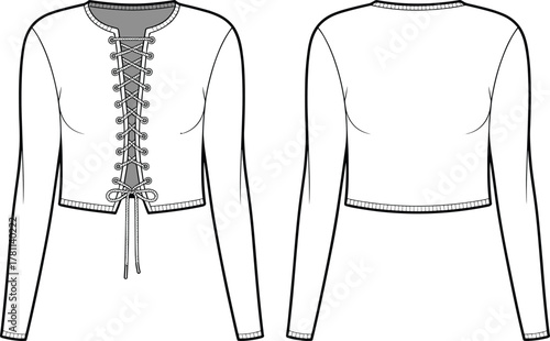Cropped lace-up top fashion sketch, long sleeve garment design, technical flat drawing, trendy apparel template, front and back view
