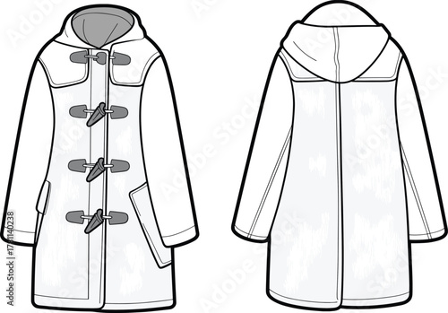 Hooded toggle coat, technical fashion drawing, winter outerwear sketch, garment design, front back view, patch pocket, mid-thigh length coat