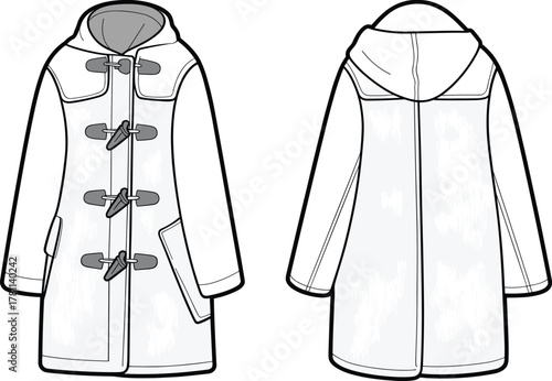 Hooded duffle coat, toggle closure outerwear, fashion technical sketch, garment design, winter clothing, front back view, patch pocket coat