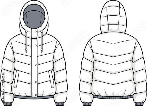 Padded winter jacket, hooded coat front and back view, quilted outerwear, fashion sketch, cold weather garment, flat vector illustration