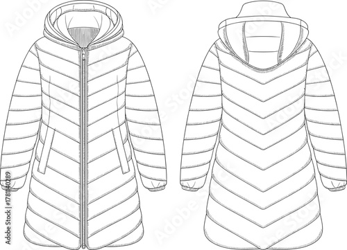 Long quilted winter coat, hooded puffer jacket, technical fashion sketch, garment design, cold weather outerwear, front back view drawing