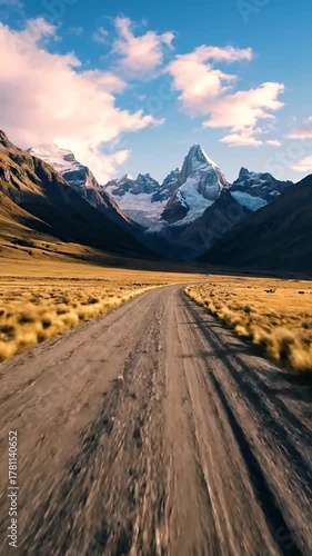 Road to majestic mountain peaks under sunny blue sky landscape