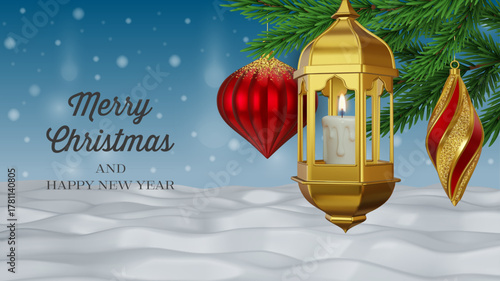 merry christmas greeting card with pine branches, gold lantern and christmas balls on winter  snowing landscape 