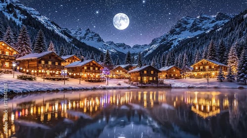 Scenic mountain village illuminated under full moon and starry night sky