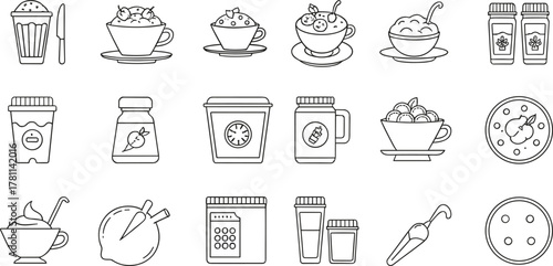 Cad drawing flat vector illustration, kitchen icons pack, dessert bowls, drink cups, spice jars, cooking tools, fruit toppings, food elements