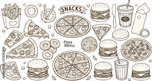 Cad drawing flat vector illustration, pizza menu design, fast food icons, burger, fries, milkshake, onion rings, snacks, hand drawn