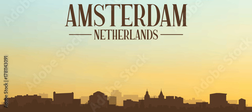 Panoramic poster of the city skyline with misty background buildings, hills sunrise, sunset and clouds of AMSTERDAM, NETHERLANDS