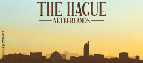 Panoramic poster of the city skyline with misty background buildings, hills sunrise, sunset and clouds of THE HAGUE, NETHERLANDS