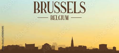 Panoramic poster of the city skyline with misty background buildings, hills sunrise, sunset and clouds of BRUSSELS, BELGIUM