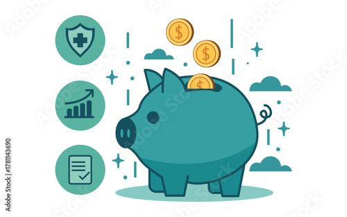 Smart saving strategy with piggy bank, coins, shield and document icons for financial security and growth, ideal for business and personal finance needs