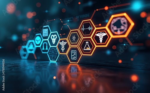 Glowing medical symbols interconnected hexagons digital interface healthcare technology