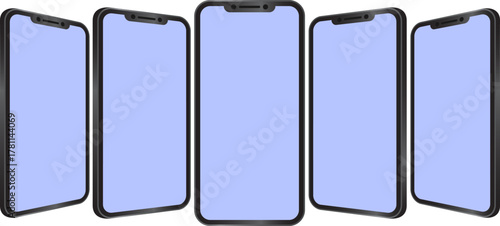 Angled Perspective of Five Modern Smartphones for App and Website Mockup Presentation on White Background