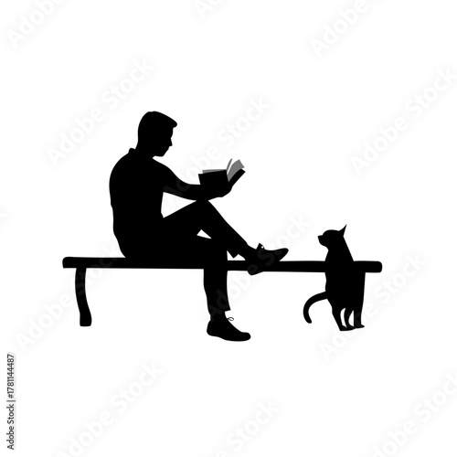 Silhouette of a man reading a book on a bench with a cat standing beside him in black and white image created with generative ai
