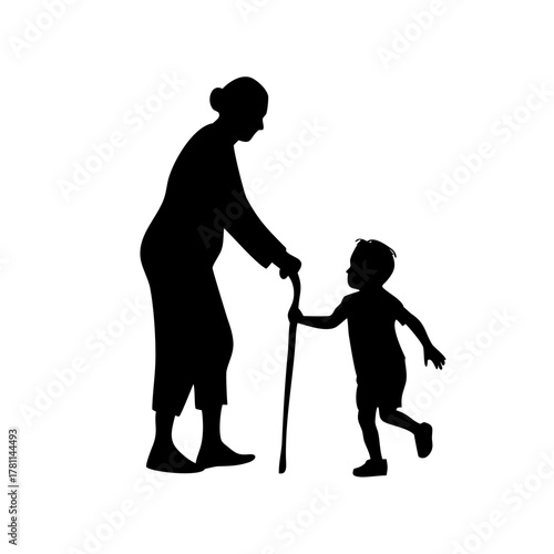 Silhouette of a grandmother with a cane being assisted by a young child walking alongside her image created with generative ai