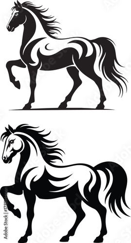 Elegant silhouette of two powerful stallions in motion with stylized mane and tail against a white background