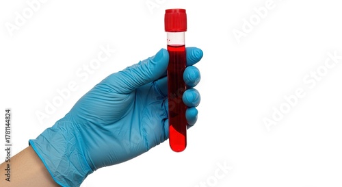Blood Sample in Test Tube Held by Gloved Hand medical laboratory red liquid analysis research science healthcare diagnosis clinical