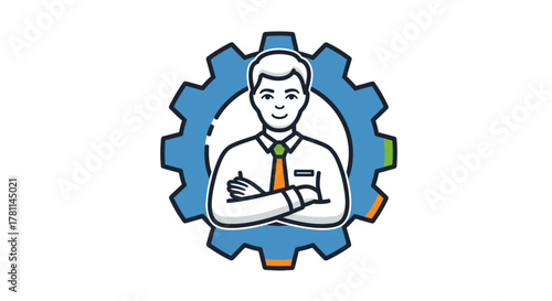 Illustration of a professional man with crossed arms in front of a blue gear, symbolizing business management or technical support.