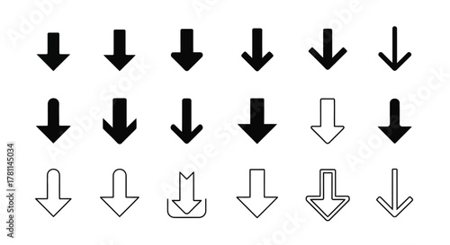 A diverse collection of eighteen black down arrow icons, featuring both solid and outline styles, pointing downwards.