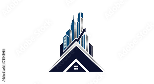 A modern logo depicting a house roof with a city skyline and an upward arrow, symbolizing real estate growth and urban development.
