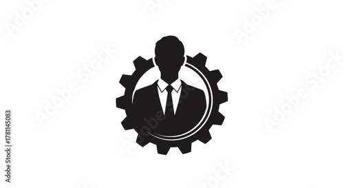 Silhouette of a professional businessman in a suit inside a black gear icon.