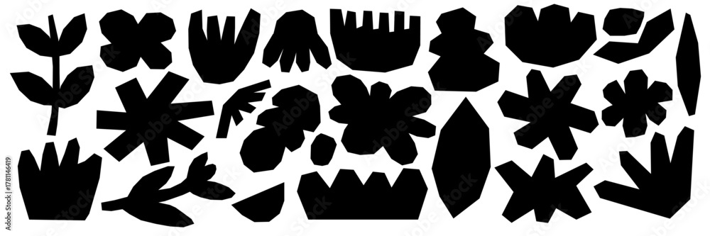 Obraz premium Black Naive floral collage with vibrant hand-drawn vector flowers. Abstract freehand shapes and playful vintage tones create a groovy 70s mood. Perfect for prints, patterns, and modern illustrations