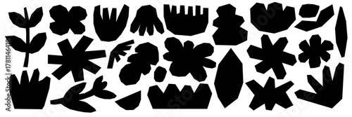 Black Naive floral collage with vibrant hand-drawn vector flowers. Abstract freehand shapes and playful vintage tones create a groovy 70s mood. Perfect for prints, patterns, and modern illustrations