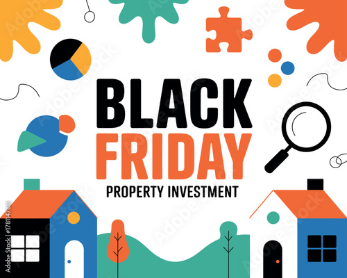 Black Friday Property Investment concept with houses and abstract elements.