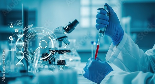Scientist in lab coat working with dna and microscope, futuristic concept