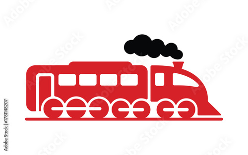 A stylized red steam train with black smoke is depicted against a white background, representing transportation.