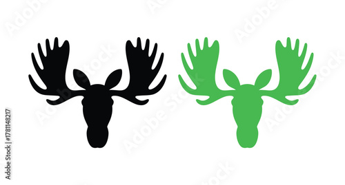 Two stylized moose heads, one in black silhouette and the other in green silhouette, are presented side-by-side against a white background.