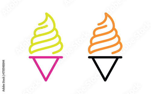 Two stylized soft serve ice cream cones with bright neon colored swirls and simple cone outlines on a white background.