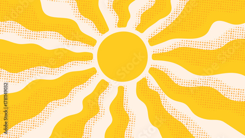 Abstract Yellow Sun with Wavy Halftone Rays. Groovy, hippie, retro sunny background. Abstract hand drawn doodle sunshine shapes in trendy childishly, naive art style. 