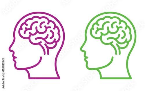 Two stylized human head outlines, one purple and one green, revealing simplified brain illustrations within their craniums, symbolizing thought and cognition.