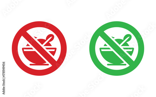 A red prohibition sign and a green permission sign are displayed next to each other, both depicting a bowl with a spoon.