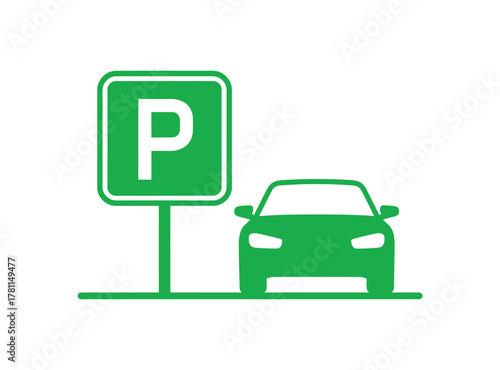 A green parking sign with the letter P stands next to a green car silhouette on a white background.