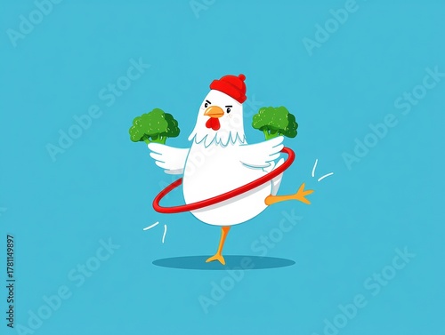 A Hilariously Animated Chicken Twirling a Hula Hoop While Balancing Broccoli, Showcasing its Fun and Quirky Personality Against a Bright Blue Background