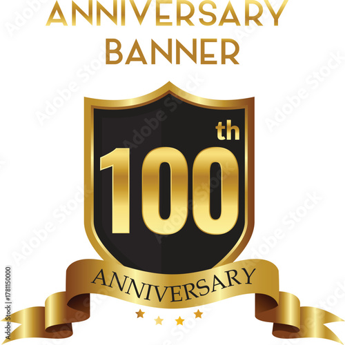 Golden 100th Anniversary Luxury Emblem, 100 Years Centennial Celebration Logo with Gold Ribbon and Shield on Black and White Background