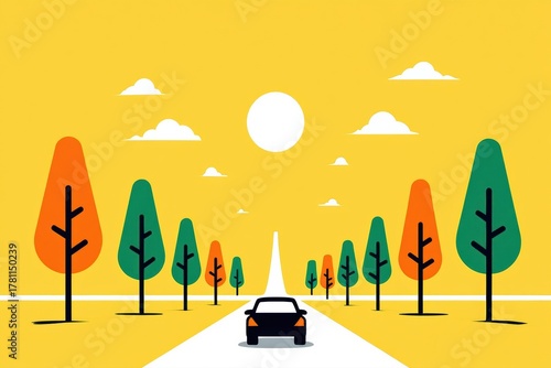 A Stylized Journey Through Vibrant Trees Under a Bright Sunlit Sky on a Beautiful Road Trip in an Artistic Landscape