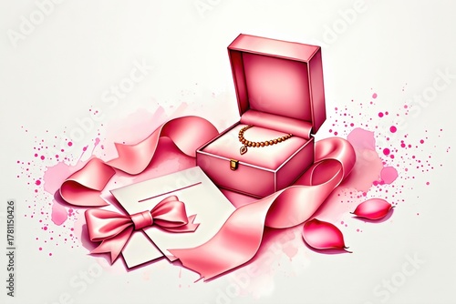 A Beautiful Pink Jewelry Box with a Delicate Bracelet, Romantic Ribbon, and Elegant Note, Surrounded by Petals and Artistic Splashes of Color