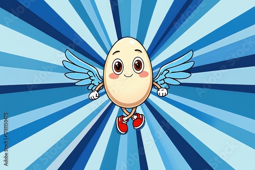 A Cheerful Cartoon Egg with Wings and Sneakers, Flying Against a Radiant Blue Burst Background, Representing Fun and Whimsy in Animation