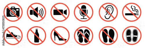 Prohibition Sign Icon Set – Flat Vector Red Circle Symbols Showing No Camera, Phone, Food, Pets, Smoking, Fire, Noise, and More on White Background
