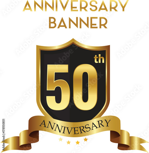 Golden 50th Anniversary Shield Banner Design - Vector & PNG Download