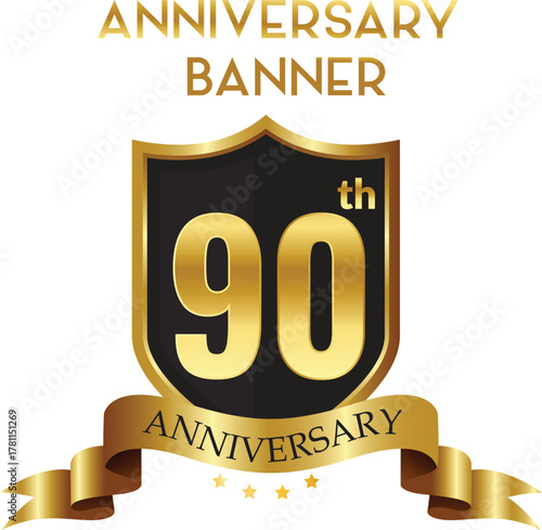 90th Anniversary Golden Shield Badge with Elegant Ribbon Banner