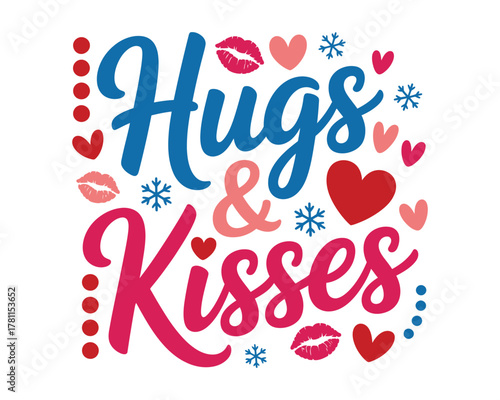 Hugs and Kisses graphic with hearts and lips illustration