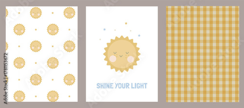 Baby set with cute patterns and a poster with a cute sun for a child's room